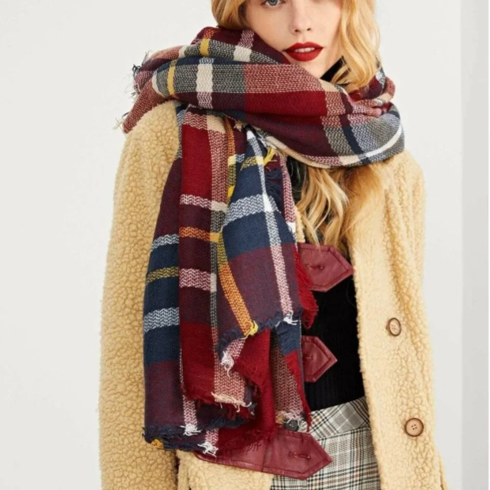 Oversized Plaid Blanket Scarf Red Navy Beige Soft Fringe Wrap Shawl Winter